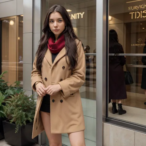 (one girl), Hanna, a 21 year old girl, 1.70 meters tall, weighs 49 kg, has very long and straight dark purple hair, has big green eyes, wears gold earrings and bracelets, always has a smartwatch on the wrist, dresses a winter coat with a red wool scarf, st...