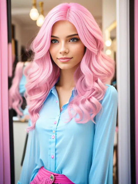 Modelo de 18 anos, ela tem longos cabelos rosa claro, olhos azuis, she is wearing a light blue blouse with pink details and a light pink top she is taking a selfie in front of a mirror in a beauty salon, the professional is dyeing pink hair