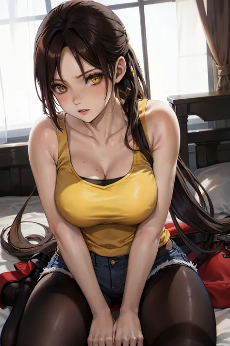 masutepiece, Best Quality, 1girl in, (Claire Redfield), Brown hair, (Yellow eyes:1.2),(Tank Tops)、((Denim shorts))、((Black pantyhose))、((bedroom))、length hair、poneyTail