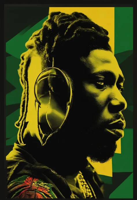 Create a logo with the head of a black man with dreadlocks in black colors, verde, amarelo e vermelho (olhando para a frente) , imagem estilo logomarca , Sober, (fundo preto), Image with resolution of at least 300dpi, UHD 8k, Very high quality for excellen...