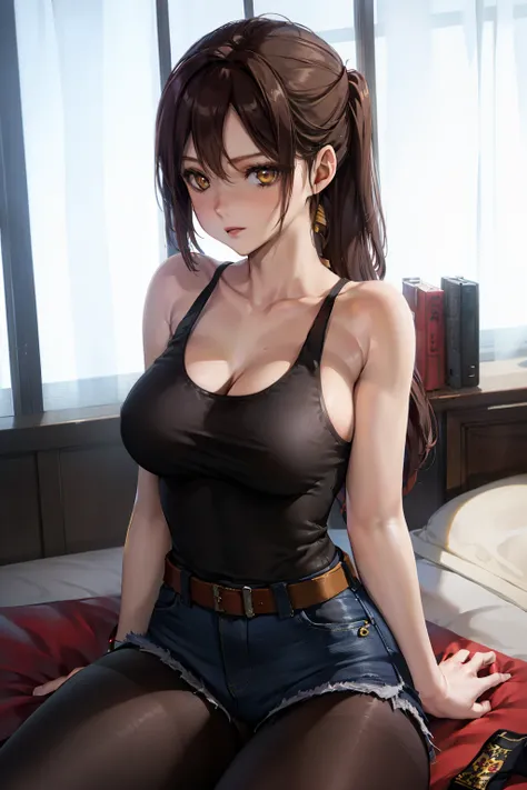 masutepiece, Best Quality, 1girl in, (Claire Redfield), Brown hair, (Yellow eyes:1.2),(Tank Tops)、((Denim shorts))、((Black pantyhose))、((bedroom))、length hair、poneyTail