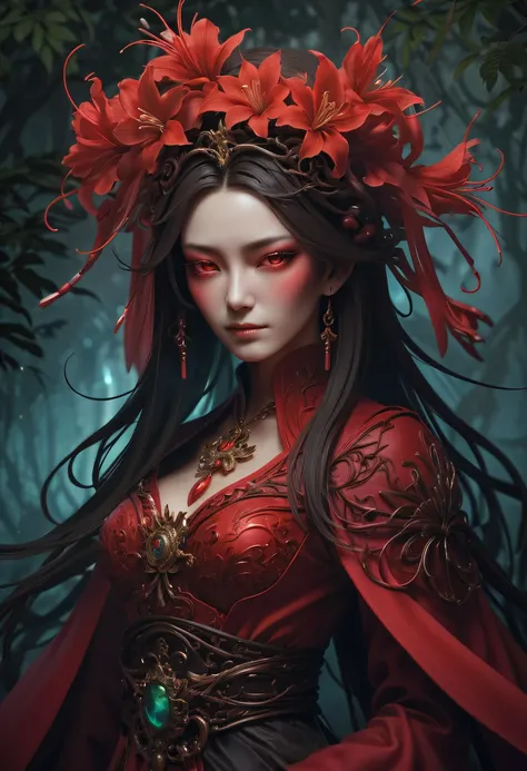 (Lycoris close-up:1.5)，Flower of the other shore is charming，Mysterious Manzhu Shahua，Bloody ghost flowers blooming at the gate of hell，Leading the soul to the afterlife，Evil charm，Flirtatious，Excellent，witch womloy iron flower，Alloy vines surround the mag...