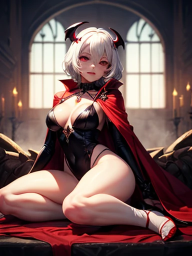 attention to adjust the proportions, beautiful face, beautiful face, perfect face. fullbody, girl, sexy, vampire, short white hair, malefic, red cape, evil, in hell