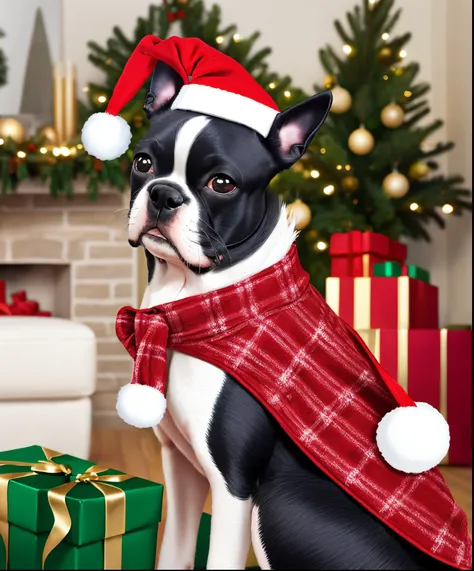 boston terrier fashionable illustration christmas