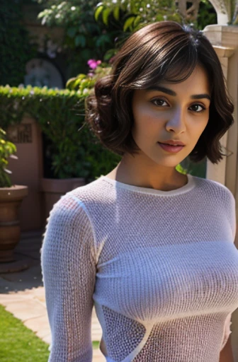 beautiful gorgeous glorious bollywood actress, standing in garden, wearing pink knitted bodycon dress, pretty face, beautiful glorious face, very fine face details, bright eyes, purple lipstick, thin nose, burgundy hair, bob cut, curls, big alluring natura...