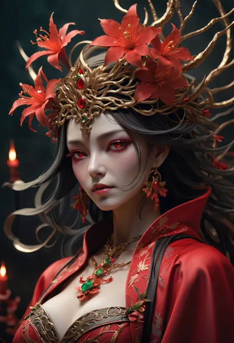 (Lycoris close-up:1.5)，Flower of the other shore is charming，Mysterious Manzhu Shahua，Bloody ghost flowers blooming at the gate of hell，Leading the soul to the afterlife，Evil charm，Flirtatious，Excellent，witch womloy iron flower，Alloy vines surround the mag...