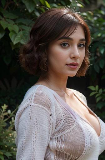 beautiful gorgeous glorious bollywood actress, standing in garden, wearing pink knitted bodycon dress, pretty face, beautiful glorious face, very fine face details, bright eyes, purple lipstick, thin nose, burgundy hair, bob cut, curls, big alluring natura...