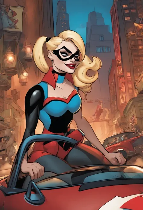 The image is of Harley Quinn riding a bright red, customized bumper car through the chaotic streets of Gotham City, with a mischievous grin on her face.,Batman: The Animated Series,[Appearance= "Blonde Hair in Pigtails", "Tight Tank Top and Spandex Shorts"...