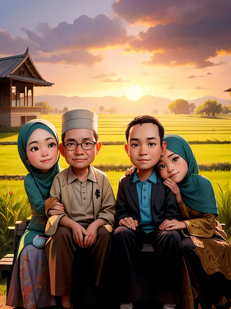 there are three people sitting on a bench in front of a field, an indonesian family portrait, muslim family, happy family, famil...