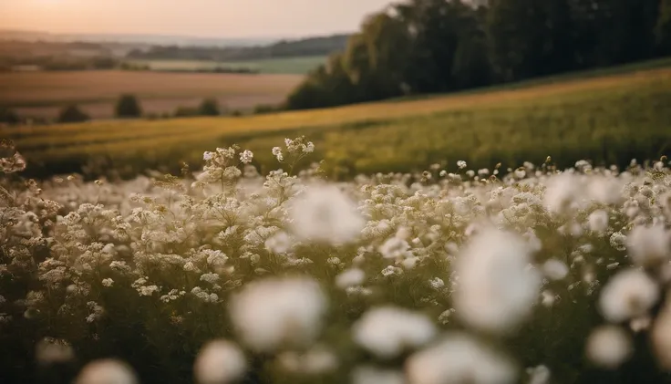 In the flower field, There are flowers, The aesthetic field of flowers，White flowers，vast flower fields，There is a small open space in the middle of the flower field，Things are real up close, but blurry in the distance.，A large field of flowers