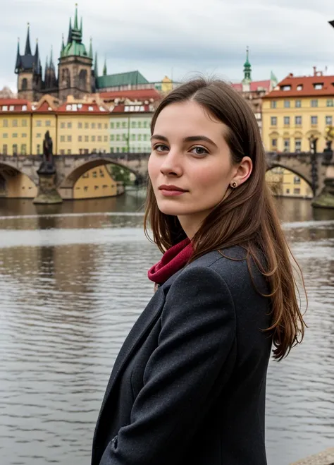 portrait of sks woman in prague, at the charles bridge, by flora borsi, style by flora borsi, bold, bright colours, ((flora bors...