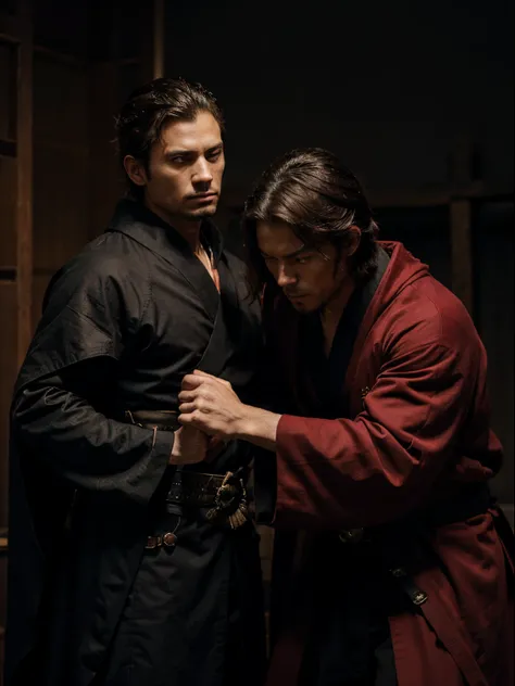 a mysterious man in a cloak with a dark ebkem fighting a samurai in a red kimono