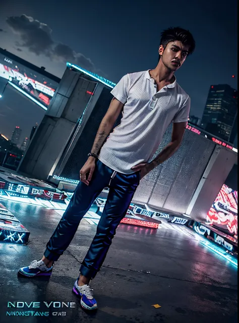 Change background cyberpunk handsomeboy,realistic face, 8k, ultra realistic white kurta pajama hot style shoes boxers