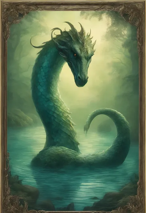 "(best quality,highres,realistic:1.37),Loch Ness monster swimming in the ocean,deep turquoise water,rippling waves,giant creature emerging,dark and mysterious depths,vivid colors,subtle sunlight filtering through the water,monster with scaly skin and long ...