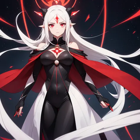 Woman, wearing black suit with white markings, On uer head, her white outlines resemble the symbol of a multi pointed star, verticals white lines on chest but horizontal on arms, wearing a glowing red cloak with ethereal red humanoid arms and hands extendi...