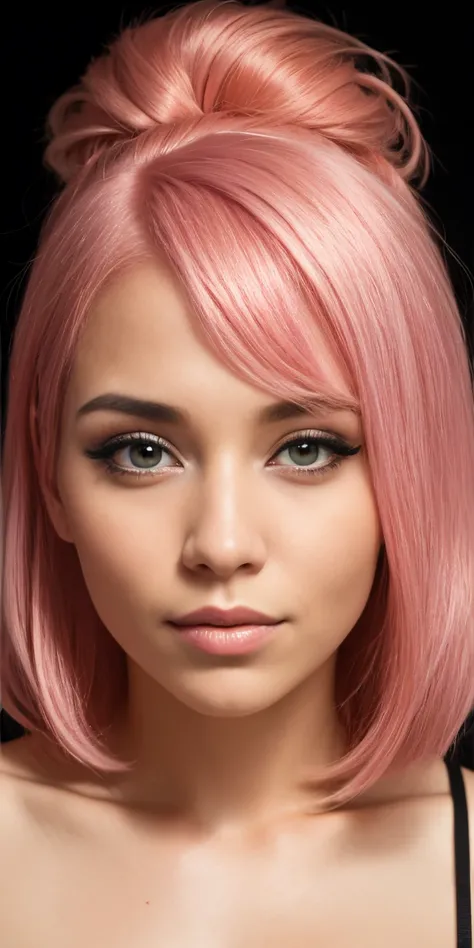 Centered photo of the face of a 26-year-old woman with pink hair.., ojos claros y piel morena , fotorrealista