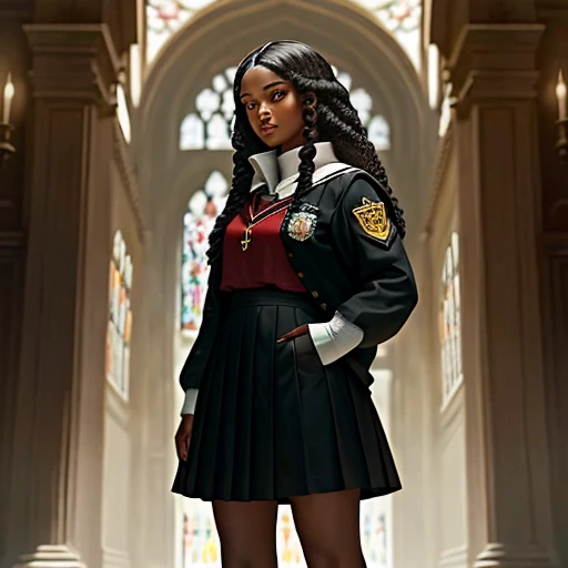 Ela tem cabelo preto frio, ela tem pele negra , one side of the hair is combed back, olhos vermelhos, Wearing the Gryffindor uniform, standing in the Hogwarts hall, the sky is now old, a luz branca brilha.  rosto de menina brilhante, estilo de arte manhwa,...