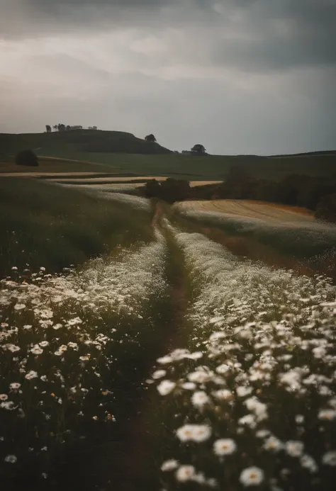 in a field of flowers, There are flowers, The aesthetic realm of flowers，White flowers，vast flower fields，There is a path in the middle of the flower field，There is a path in the center of the screen，There is a very narrow road，The road leads to the distan...