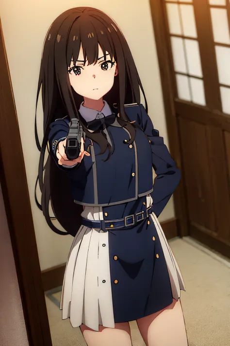 masuter piece, Best Quality, 超A high resolution, top-quality, Anime style, The best lighting, Beautiful face, Licory Recoil, Takina Inoue, Longhaire, A dark-haired, student clothes, Black uniform, A smile, S&M-Input&P9, hold a gun,