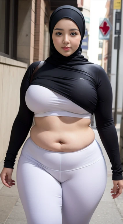 beautiful chubby girl in hijab, big full breasts, beautiful curvy and plump body, Current trend shirts wearing sexy leggings, realistic detailed quality, ultra detailed