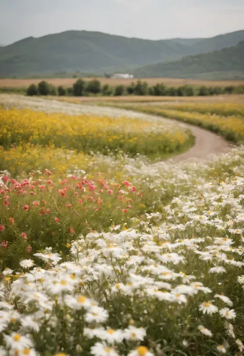 in a field of flowers, There are flowers, The aesthetic realm of flowers，White flowers，vast flower fields，There is a path in the middle of the flower field，There is a path in the center of the screen，There is a very narrow road，The road leads to the distan...