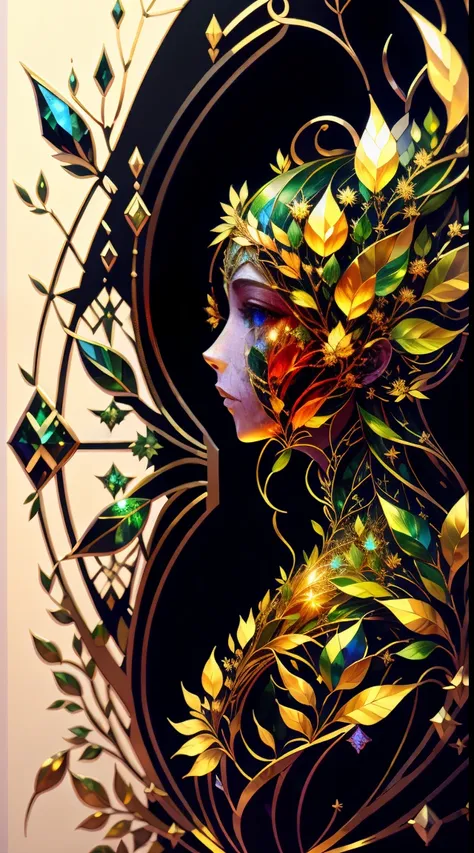 Plant Maiden，Vine Princess，Witch of Thorns，Beautiful line art photo，Use gold strokes and rainbow paint，Golden Maiden，the golden ratio，Melted wax，Visible brush strokes，surrounded by crystal spheres，3D Mosaic Wireframe，neuroimaging，neurons，The Tree of Life，c...