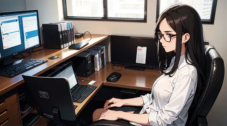 1woman, 30 years old, long black hair, brown eyes, glasses, wearing office clothing, office work cubicle, high res, ultrasharp, 8K, masterpiece, side profile, looking at computer screen, not looking at camera, wearing earphones, focused expression