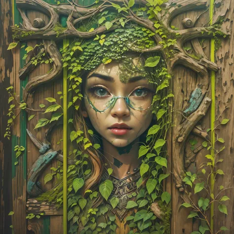 The mottled wooden walls are covered with strange patterns.，It is painted with strange and mysterious totem symbols and ancient primitive texts..，Wooden wall with relief of girl portrait，The wooden walls are dilapidated，Green vines covering girl，Vines，tmas...