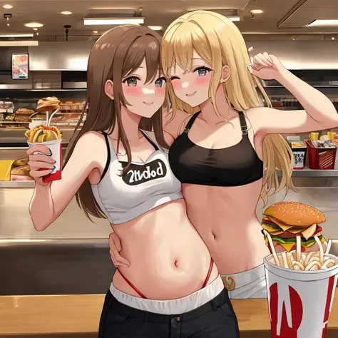 Blonde white American 21yo, At McDonalds, Crop top, Burger in hand, croptop. Second 21yo Brown hair girl, smiling, kissing her belly.