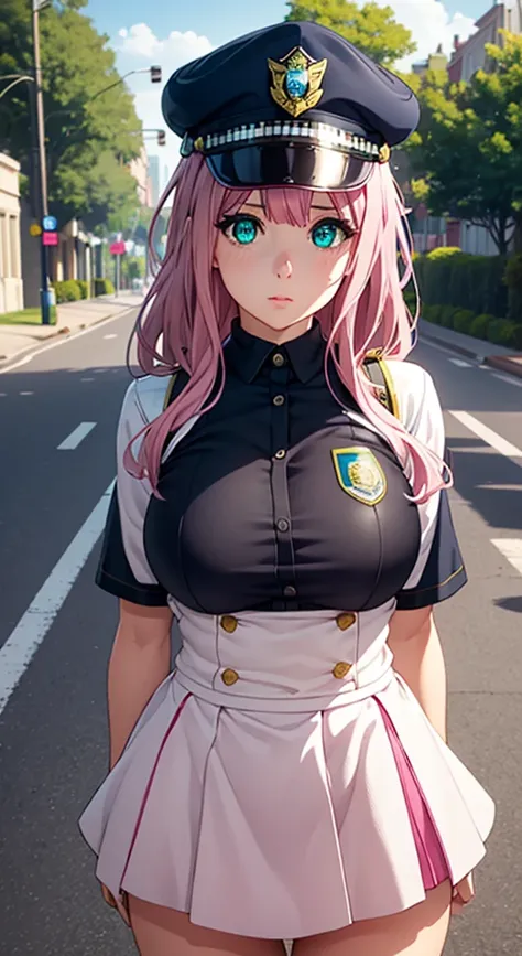 very cute girl, massive sized boobs,half naked ,ultra realistic eyes, police dress,short police skirt, police cap on her head,st...