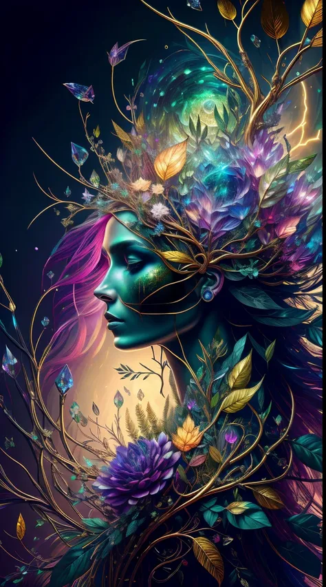 plant maiden，vine princess，witch of thorns，beautiful line art photo，use gold strokes and rainbow paint，golden maiden，the golden ...