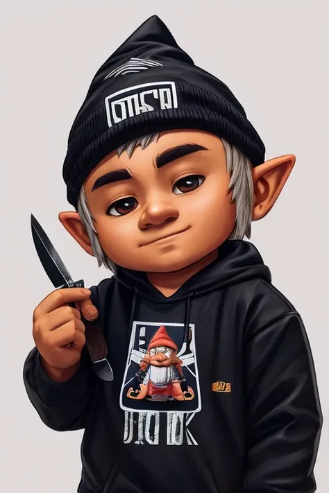 A gnome wearing streetwear clothes and holding a knife in his hand