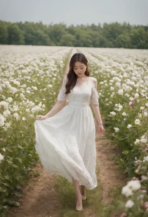 A woman in a white dress stands in a flower field, beautiful Korean women, beautiful young korean woman, standing in flower field, There are flowers, Girl in the flowers, gorgeous young korean woman, standing in flower field,girl standing in flower field, ...