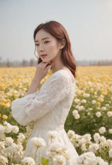 A woman in a white dress stands in a flower field, beautiful Korean women, beautiful young korean woman, standing in flower field, There are flowers, Girl in the flowers, gorgeous young korean woman, standing in flower field,girl standing in flower field, ...