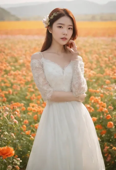 A woman in a white dress stands in a flower field, beautiful Korean women, beautiful young korean woman, standing in flower field, There are flowers, Girl in the flowers, gorgeous young korean woman, standing in flower field,girl standing in flower field, ...