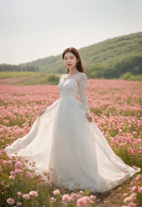 A woman in a white dress stands in a flower field, beautiful Korean women, beautiful young korean woman, standing in flower field, There are flowers, Girl in the flowers, gorgeous young korean woman, standing in flower field,girl standing in flower field, ...