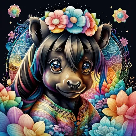 (cute black baby pony with a rainbows and flowers), Munchkin ,Geometric multidimensional wall portrait, livro de arte, Tchibi,
Yang08k, Beautiful, Colouring,
Obras, of the highest quality, best quality, Arte Oficial, Beautiful and Aesthetic,