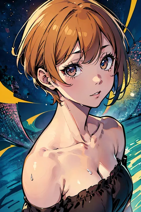 chie satonaka, persona 4, (de lado), seios pequenos, boob lemeral, (peito achemado), (babando), (wet), (no expression), (teary),...