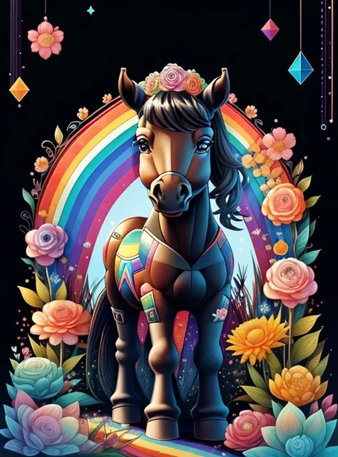 (cute black baby pony with a rainbows and flowers), Munchkin ,Geometric multidimensional wall portrait, livro de arte, Tchibi,
Yang08k, Beautiful, Colouring,
Obras, of the highest quality, best quality, Arte Oficial, Beautiful and Aesthetic,