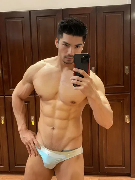 masterpiece, bestquality, bara, Korean Men, bodybuilder, Muscle body, big muscular, Natural eyes, Short and delicate hair, Sexy Men, Look at the Viewer, Mens Triangle Swimwear, large protruding part, Erection, open legs, Muscle posture