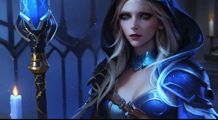 un primer plano de una mujer con una chaqueta con capucha sosteniendo una luz azul, jaina proudmoore, retrato de una maga, retra...