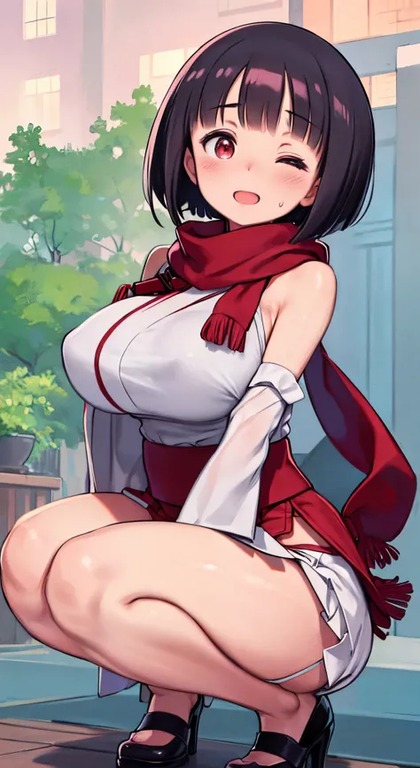 (Perfect body),Best Quality,16 K、((((Short stature))))、((((Lori))))、(White kimono)、sleeve less、(Red mini skirt)、(White panty)、(((blush)))、:D、One eye is closed、I have my mouth wide open、Tsuriformes、Blunt bangs、(short-hair)、(((bob cuts)))、(Red Eyes),((Black ...