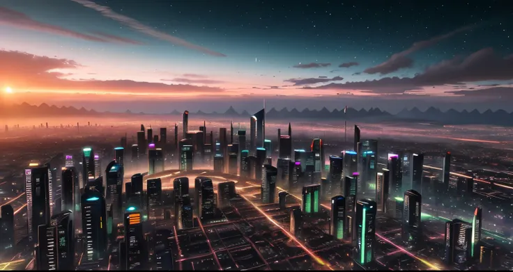 in the background there is a city with many tall buildings, Dawn over the city of Solarpunk, A beautiful city of the future, The landscape of the future city, View of the futuristic city, Sunrise over Sunny Punk City, В Fantasy Sci - Fi City, Futuristic ci...