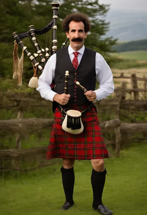 An image of Borat dressed in traditional Scottish kilts, playing the bagpipes in a Highland field.,original,His appearance is marked by a distinctive mustache, a suit of gray or brown, and often a bright green thong swimsuit. He exhibits a strong Kazakhsta...