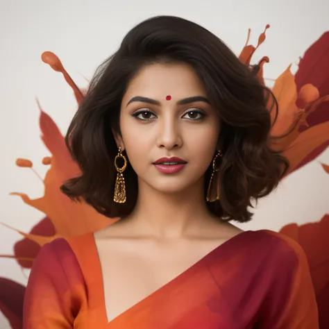 Day scene, close up photo of a indian from top view, (Masterpiece, Best Quality, High Resolution), evening Background, ((Paint Splash, Color Splash, Splash of Ink, Color Splash)), Sweet indian female actress, hour glass body shape,maroon lips, white blouse...