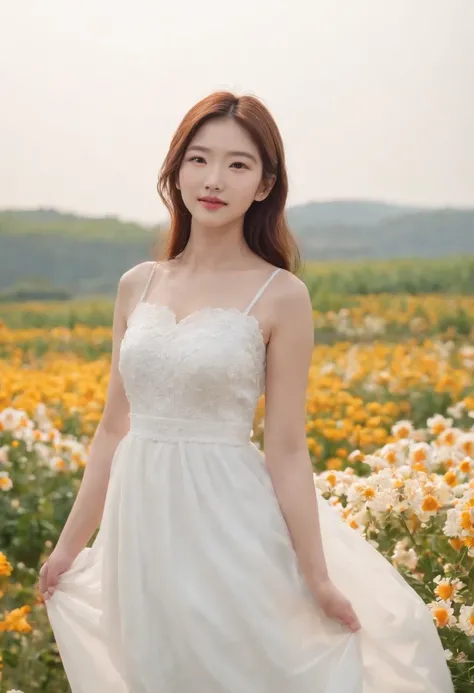 A woman in a white dress stands in a flower field, beautiful Korean women, beautiful young korean woman, standing in flower field, There are flowers, Girl in the flowers, gorgeous young korean woman, standing in flower field,girl standing in flower field, ...