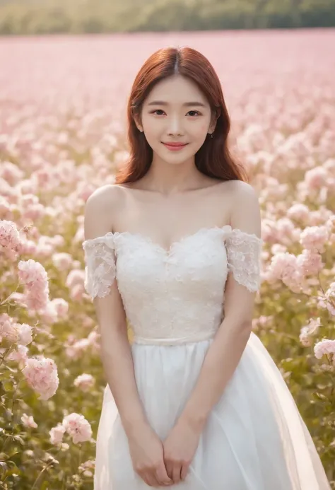 A woman in a white dress stands in a flower field, beautiful Korean women, beautiful young korean woman, standing in flower field, There are flowers, Girl in the flowers, gorgeous young korean woman, standing in flower field,girl standing in flower field, ...