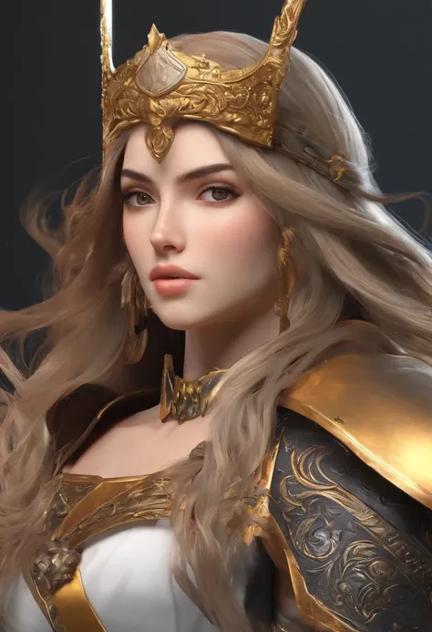 best quality,ultra-detailed,realistic,(portrait,anime:1.1),(fantasy,medieval),(detailed eyes and face),(long hair,flowing hair,black hair),beautiful detailed lips,golden armor,ornate sword and shield,dark background,vivid colors,soft lighting