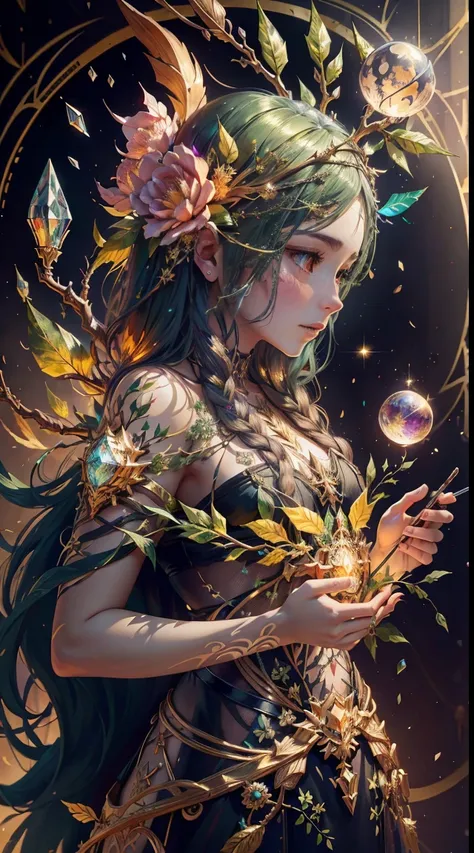 Plant Maiden，Vine Princess，Witch of Thorns，Beautiful line art photo，Use gold strokes and rainbow paint，Golden Maiden，the golden ratio，Melted wax，Visible brush strokes，surrounded by crystal spheres，3D Mosaic Wireframe，neuroimaging，neurons，The Tree of Life，c...