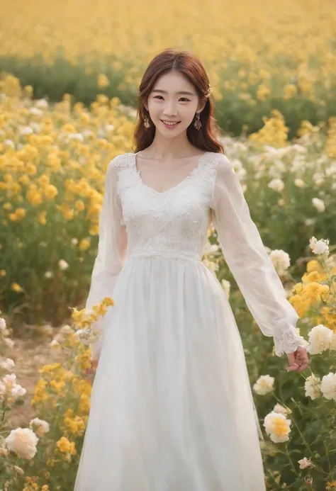 A woman in a white dress stands in a flower field, beautiful Korean women, beautiful young korean woman, standing in flower field, There are flowers, Girl in the flowers, gorgeous young korean woman, standing in flower field,girl standing in flower field, ...